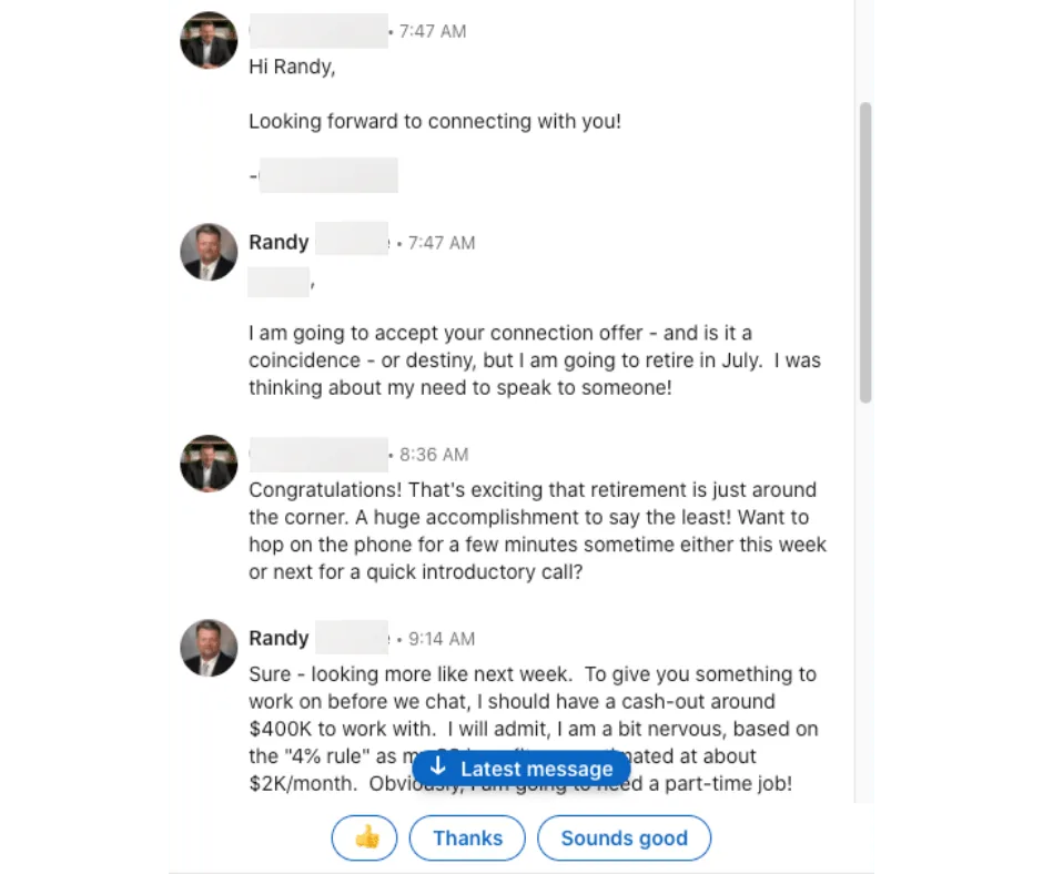 Screenshot: A retiring prospect: “$400K to work with.”
